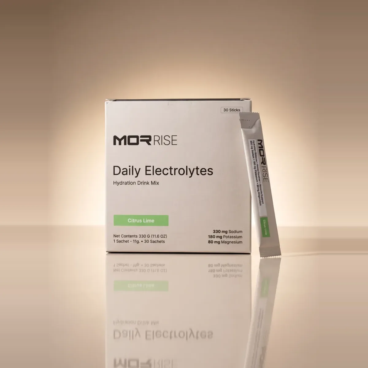 MOR Rise Daily Electrolytes box of 30 Citrus Lime sticks, with one stick leaning against it