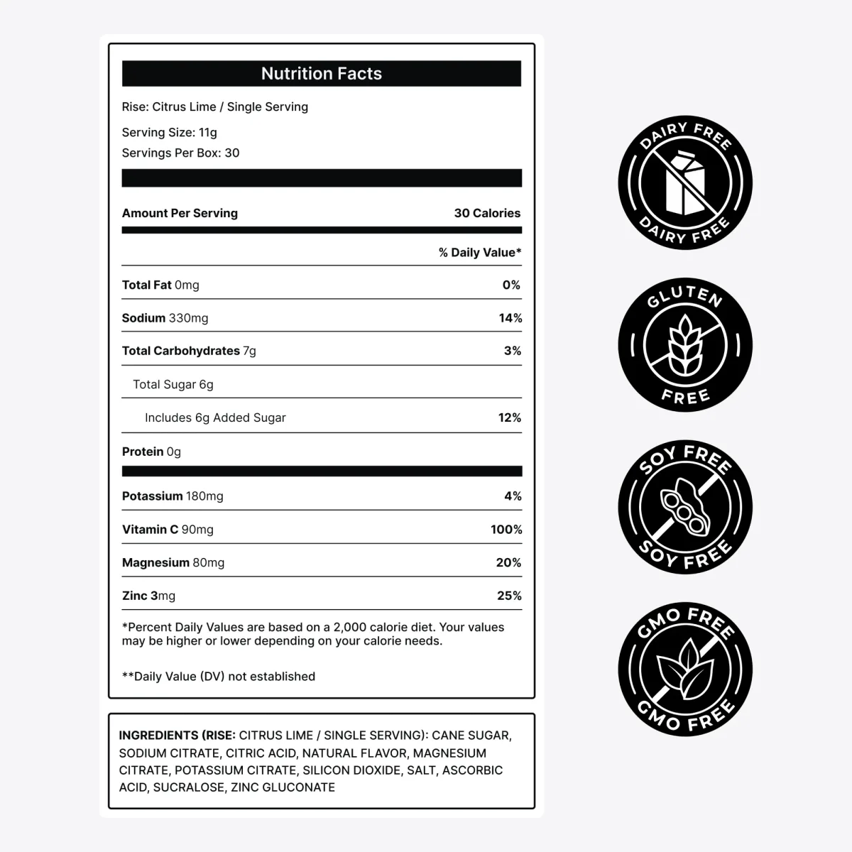 Rise Citrus Lime Nutrition Facts panel and ingredients